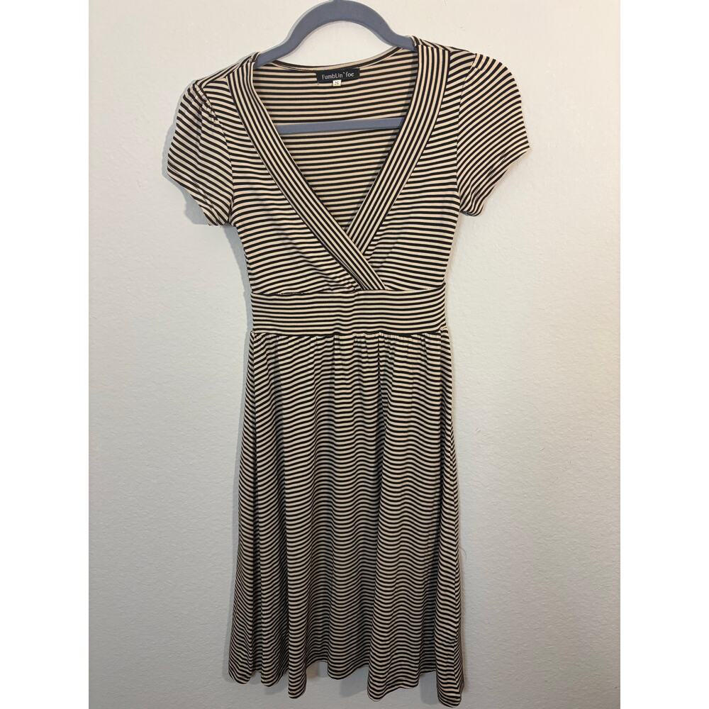 FUMBLIN FOE Sm Black & Tan Striped Midi Skater Rockabilly Empire Waist Dress